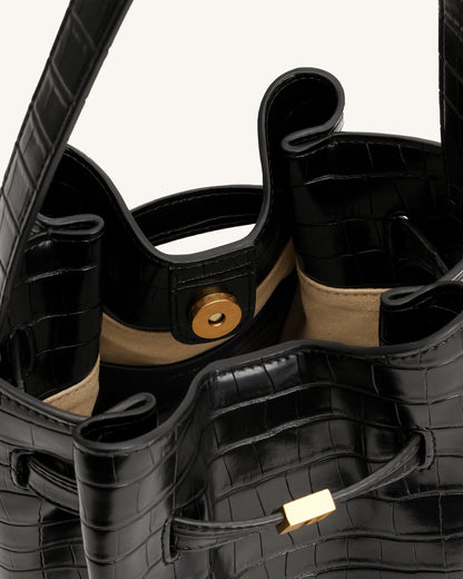 Jw Pei Clara Lock Accent Bucket Shoulder Bag Black Croc