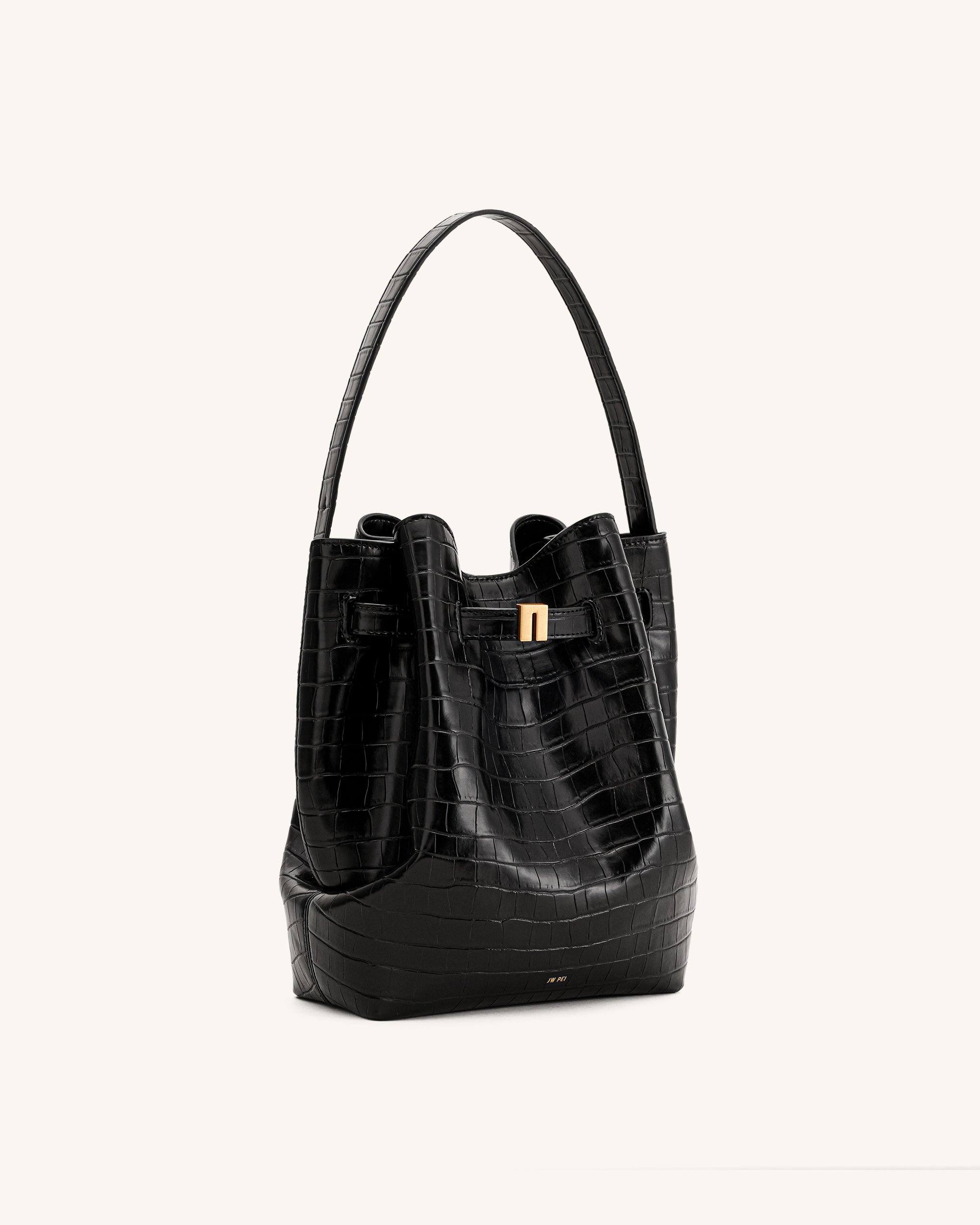 Jw Pei Clara Lock Accent Bucket Shoulder Bag Black Croc