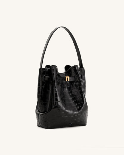 Jw Pei Clara Lock Accent Bucket Shoulder Bag Black Croc