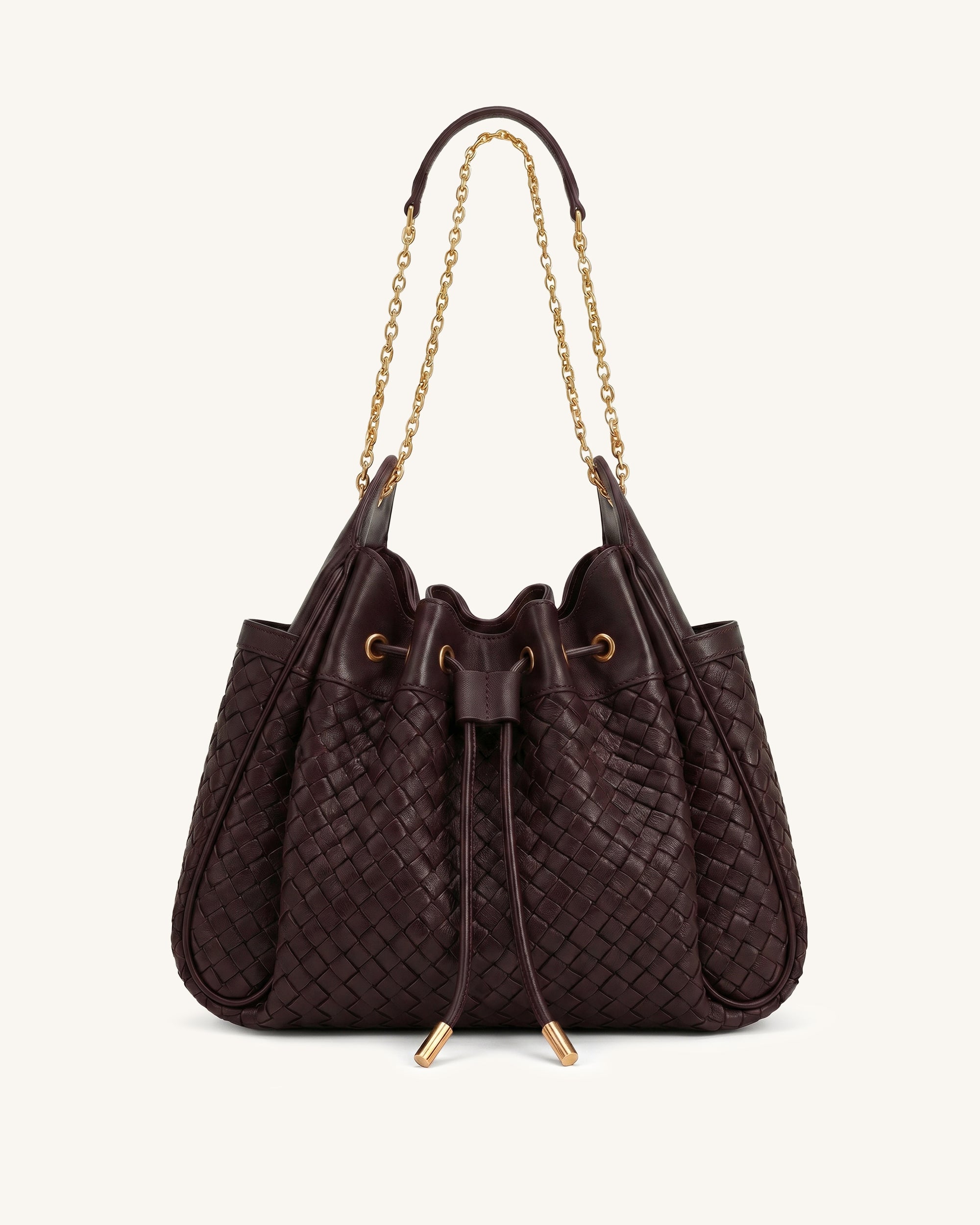 Jw Pei Rowan Weaving Ruched Drawstring Chain Bucket Bag Dark Cherry