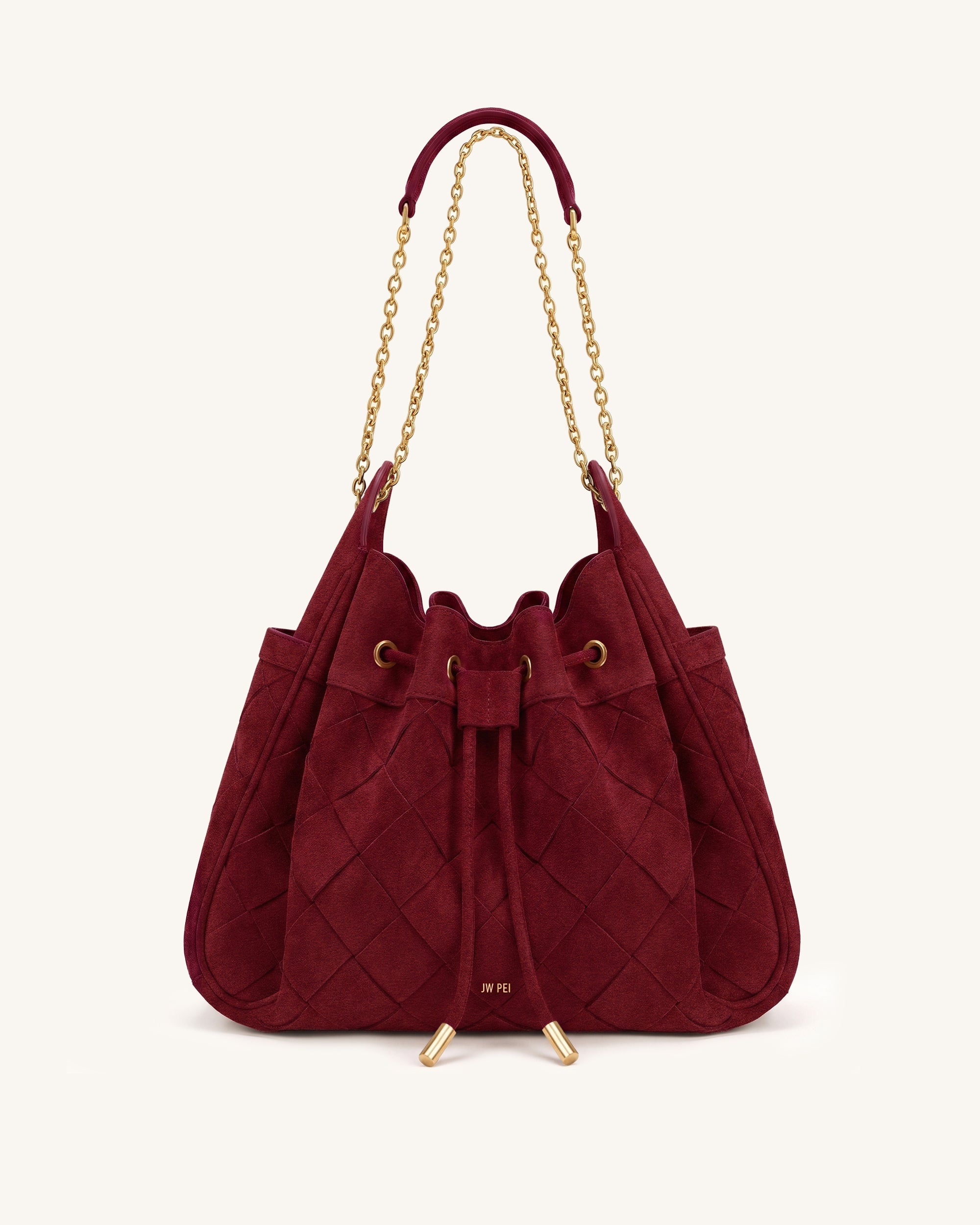 Jw Pei Rowan Faux Suede Weaving Ruched Drawstring Chain Bucket Bag Dark Cherry