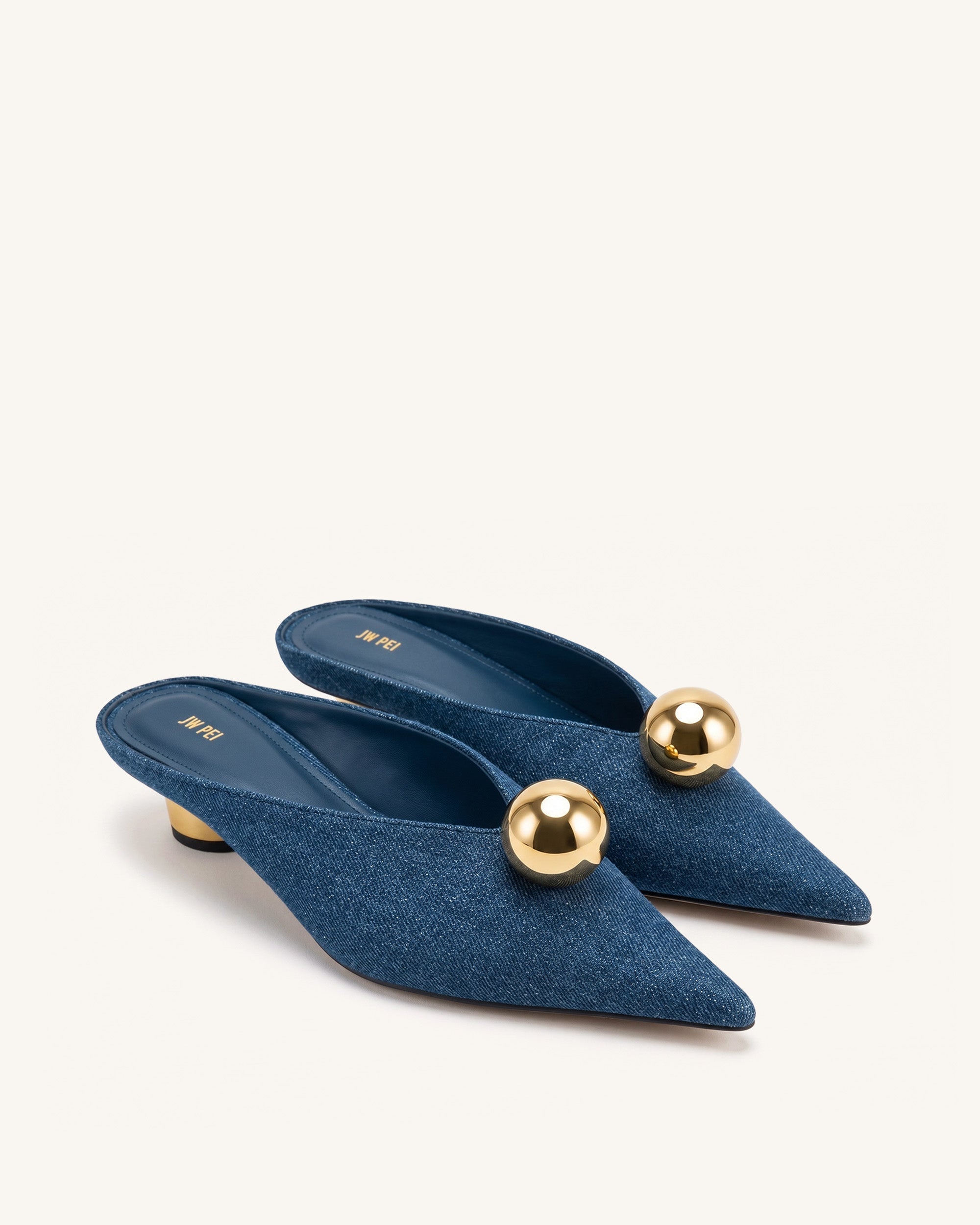 Jw Pei Helena Gold Sphere Pointed Toe Mules Denim Blue