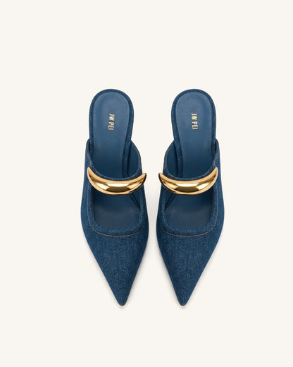Jw Pei Sofia Metal Accent Sphere Heel Mules Denim Blue