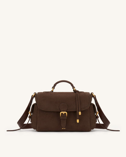 Jw Pei Marina Faux Suede Flap Multi Pocket Top Handle Crossbody Bag Dark Brown