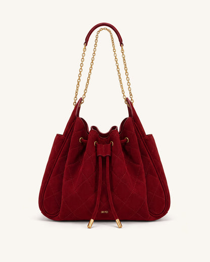 Jw Pei Rowan Faux Suede Quilted Chain Bucket Bag Dark Red
