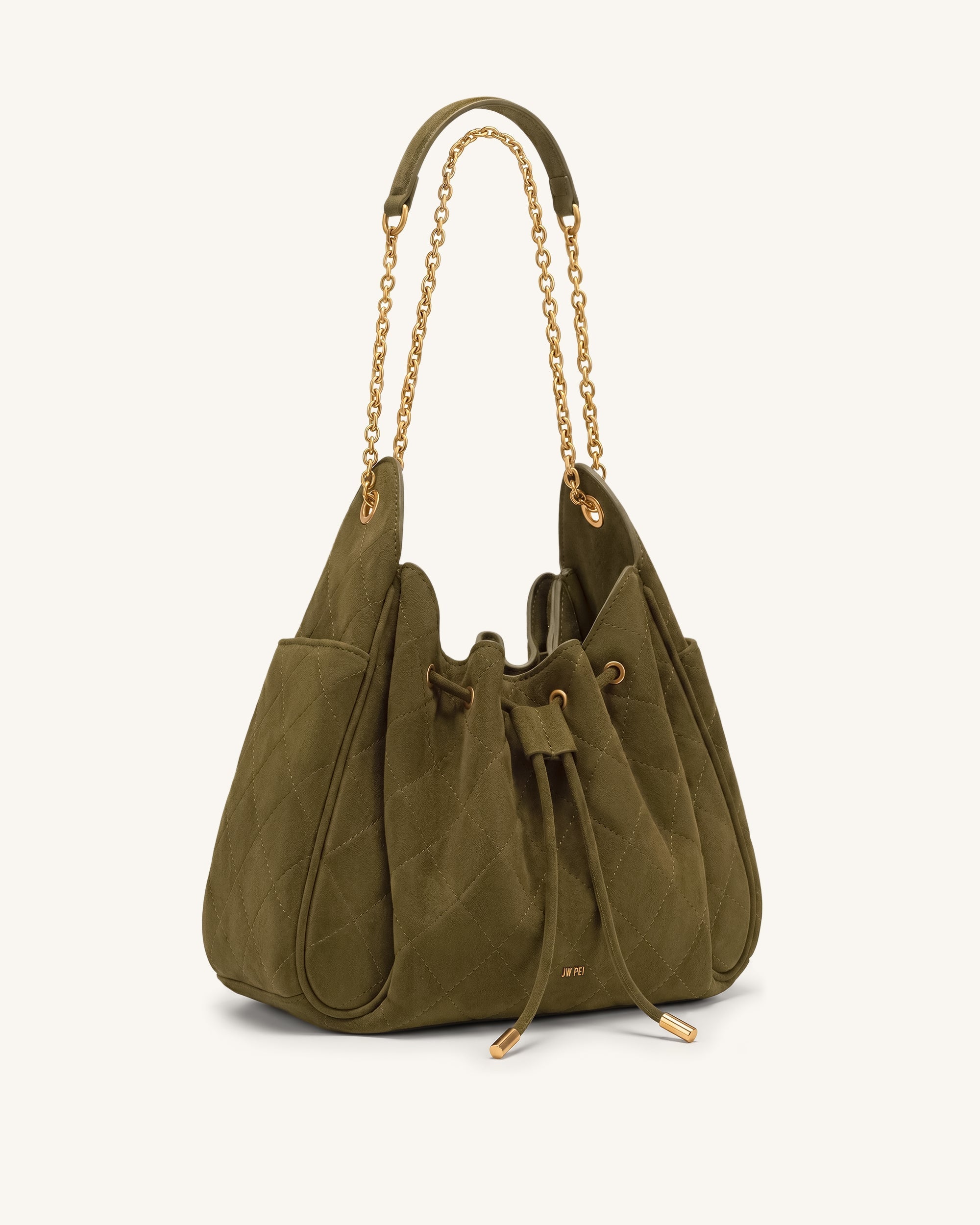 Jw Pei Rowan Faux Suede Quilted Chain Bucket Bag Olive Green