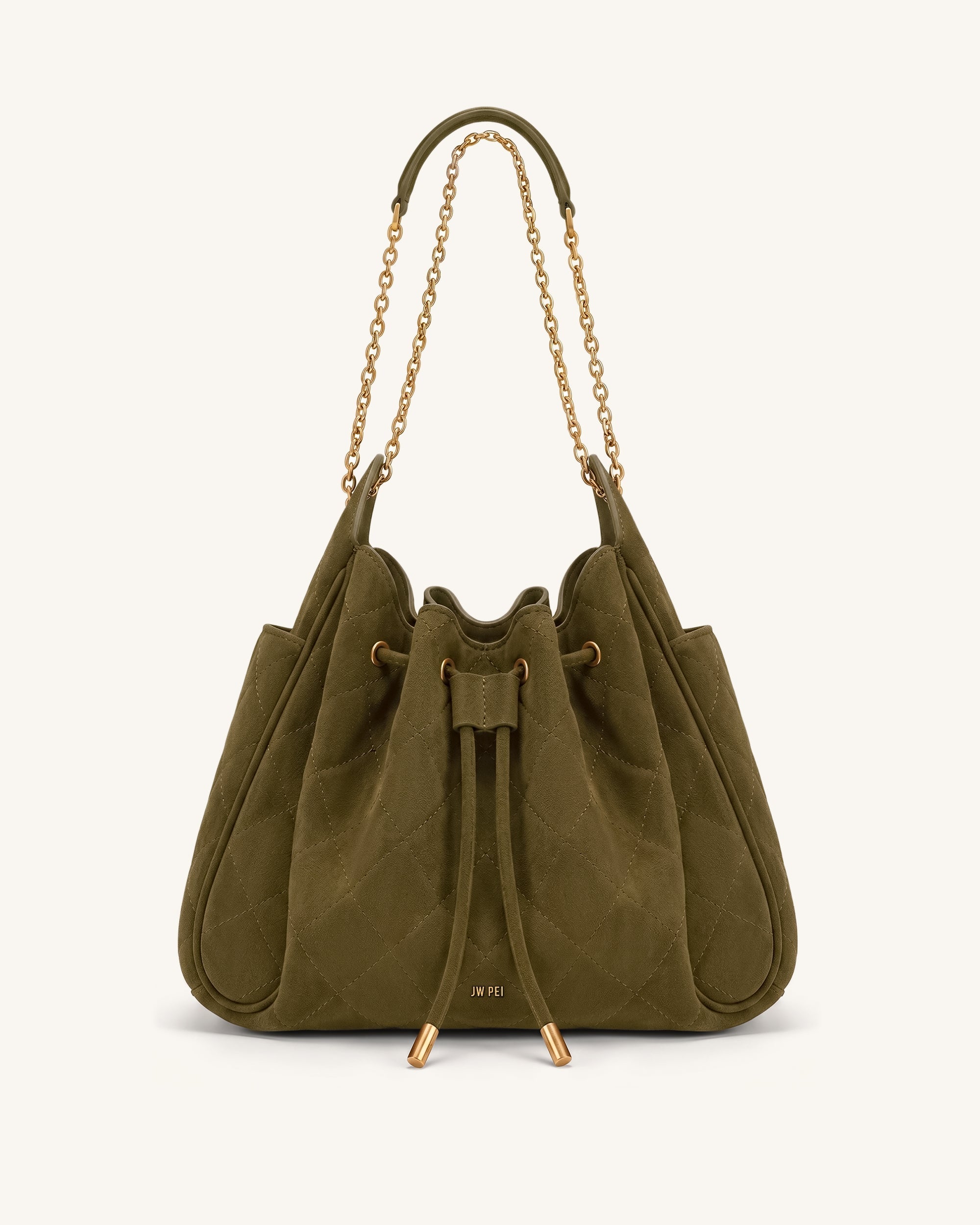 Jw Pei Rowan Faux Suede Quilted Chain Bucket Bag Olive Green
