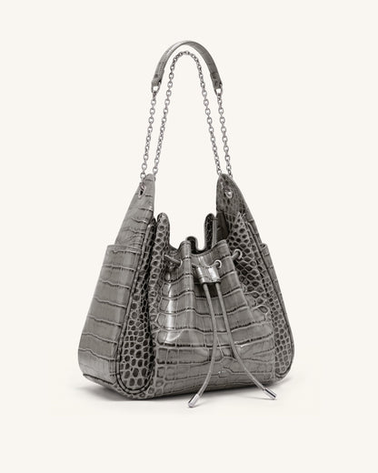 Jw Pei Rowan Ruched Drawstring Chain Bucket Bag Grey Croc