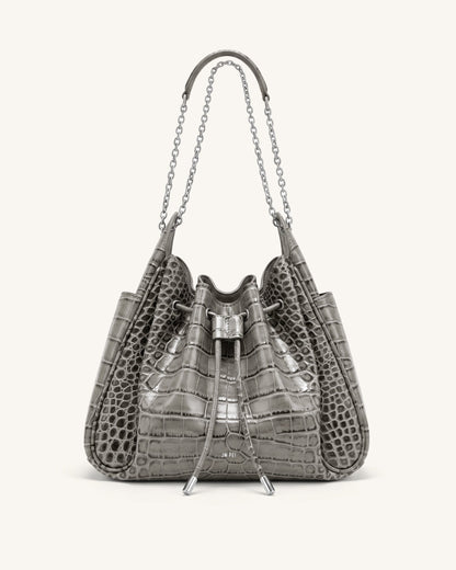 Jw Pei Rowan Ruched Drawstring Chain Bucket Bag Grey Croc