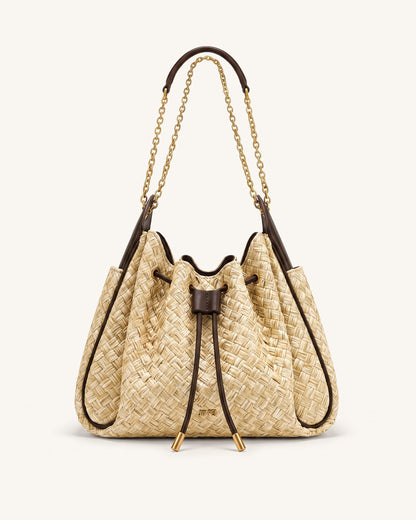 Jw Pei Rowan Faux Straw Ruched Drawstring Chain Bucket Bag Brown