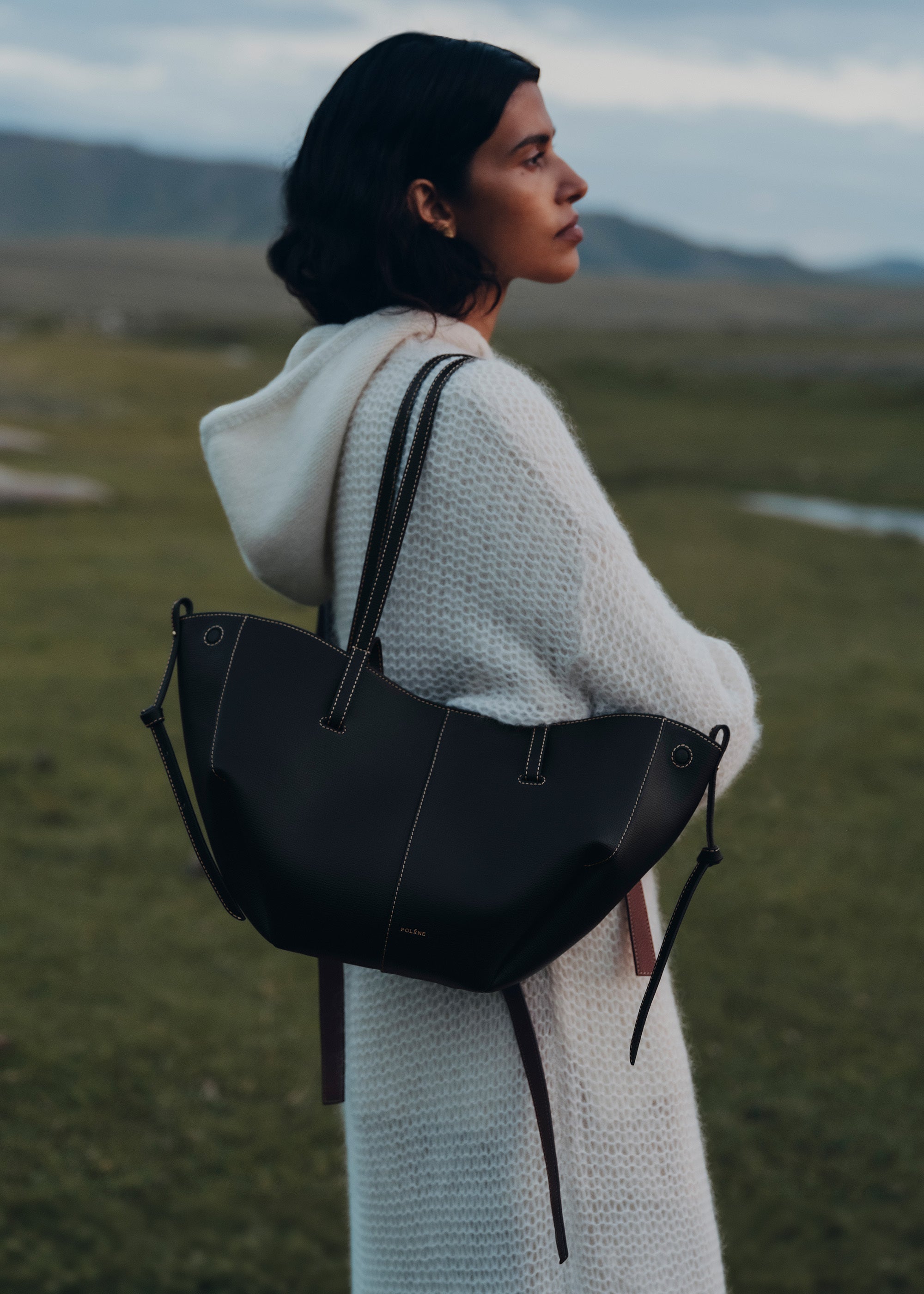 Polene Cyme Mini Textured Black with Ecru Stitching