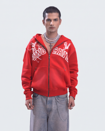 RED GRUNGE ZIPPER HOODIE