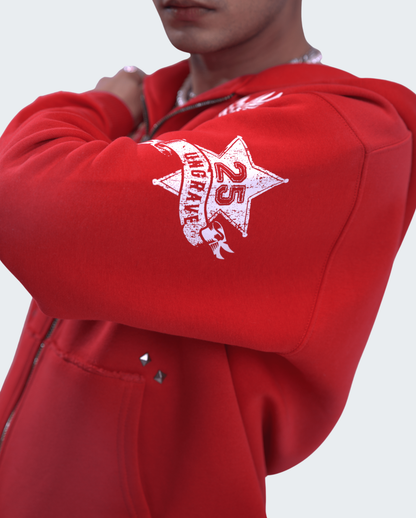 RED GRUNGE ZIPPER HOODIE