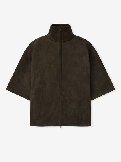 Essentials Suede Fleece High Neck 3/4 Sleeve Jacket Brown