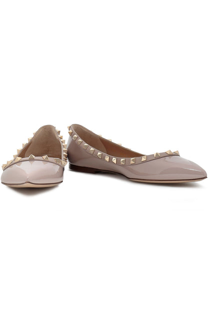 Valentino Garavani Rockstud Patent-Leather Point-Toe Flats Taupe Women's