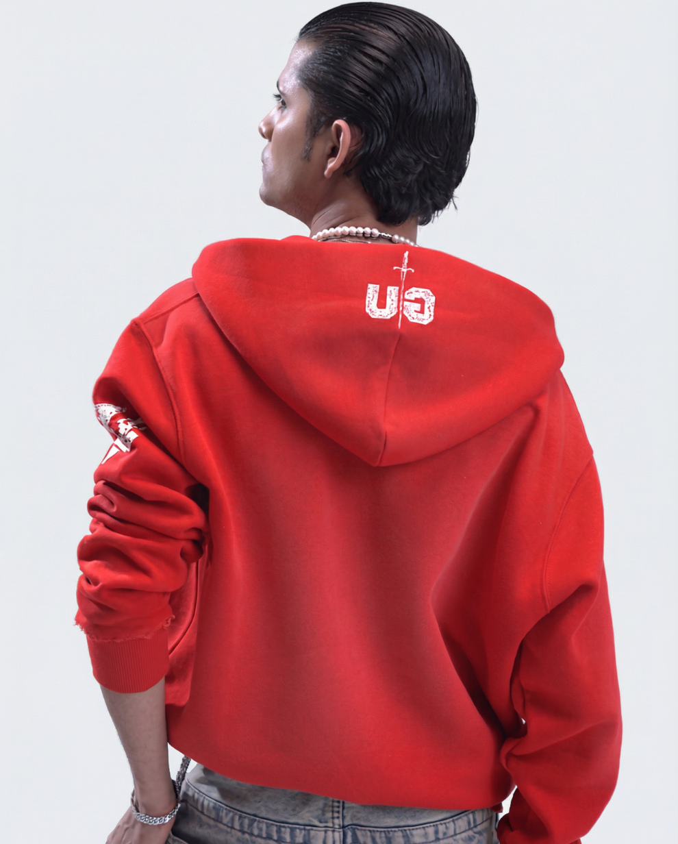 RED GRUNGE ZIPPER HOODIE