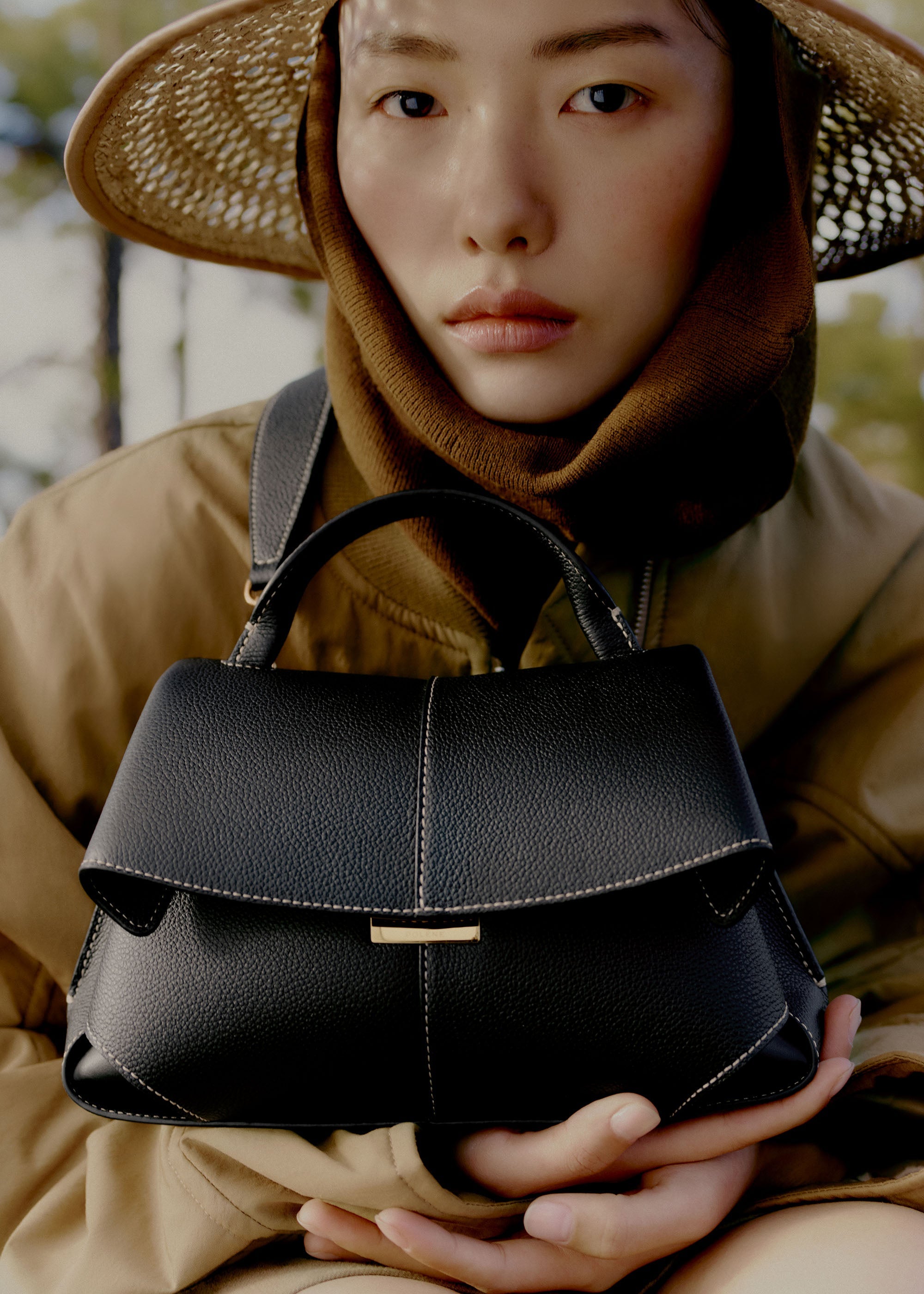 Polene Mokki Mini Textured Black with Ecru Stitching