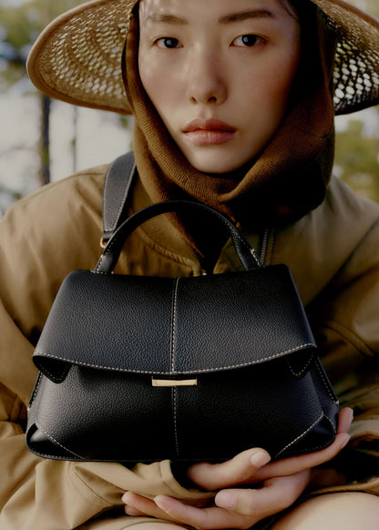 Polene Mokki Mini Textured Black with Ecru Stitching