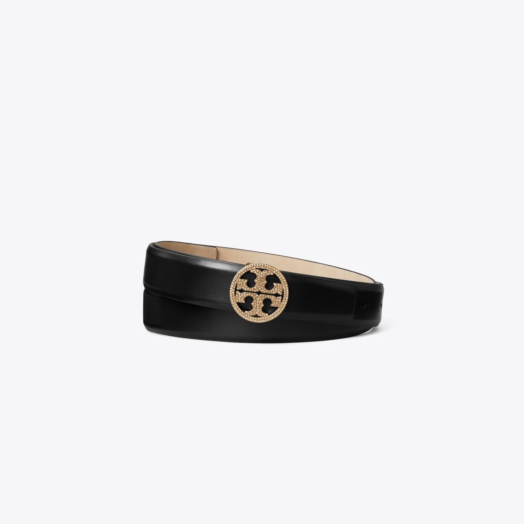 Tory Burch 1" Miller Smooth Leather Pav Logo Belt Black