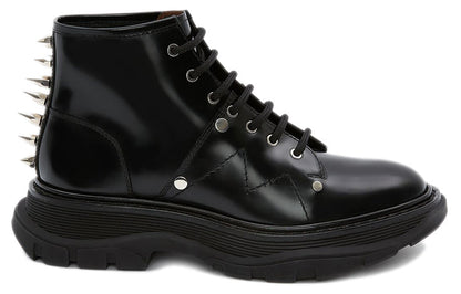 Alexander McQueen Tread Slick Lace Up Boots Black Silver (Women's)