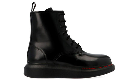 Alexander McQueen Glossed-Leather Platform Ankle Boot Black Red (Women's)