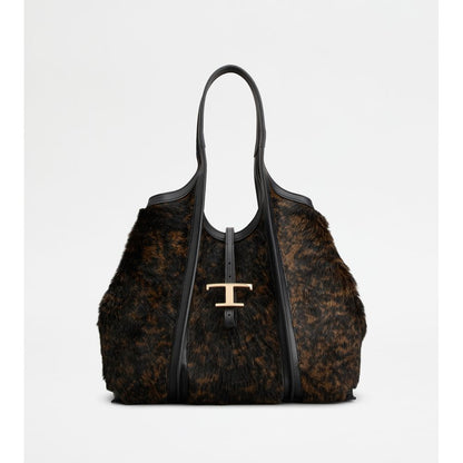 Tods T Timeless Shopping Bag In Pony Effect Leather Medium Black Brown