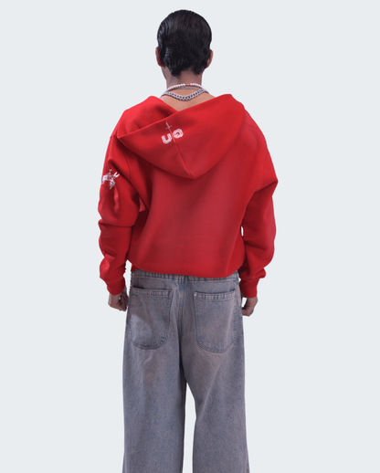 RED GRUNGE ZIPPER HOODIE