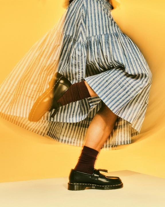 Dr. Martens Adrian Yellow Stitch Leather Tassel Loafers Black - Womens