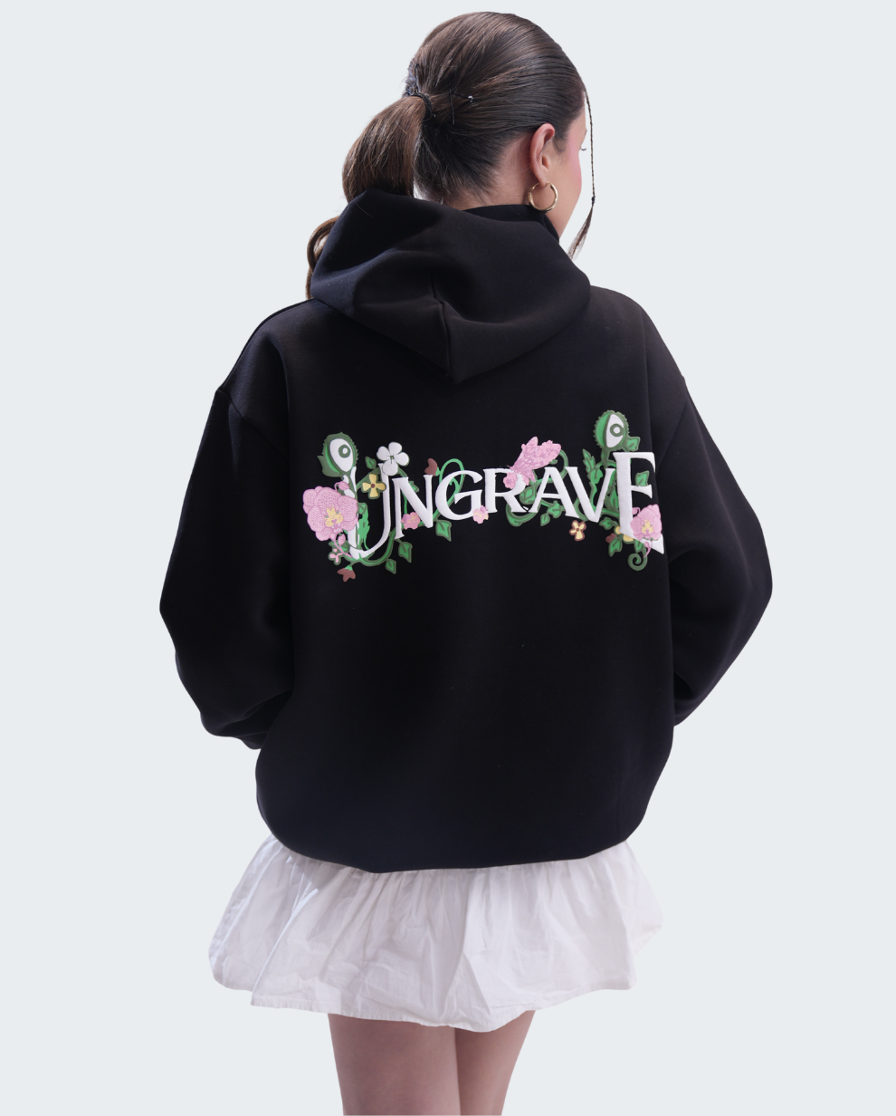 BLACK FLORAL CREST HOODIE