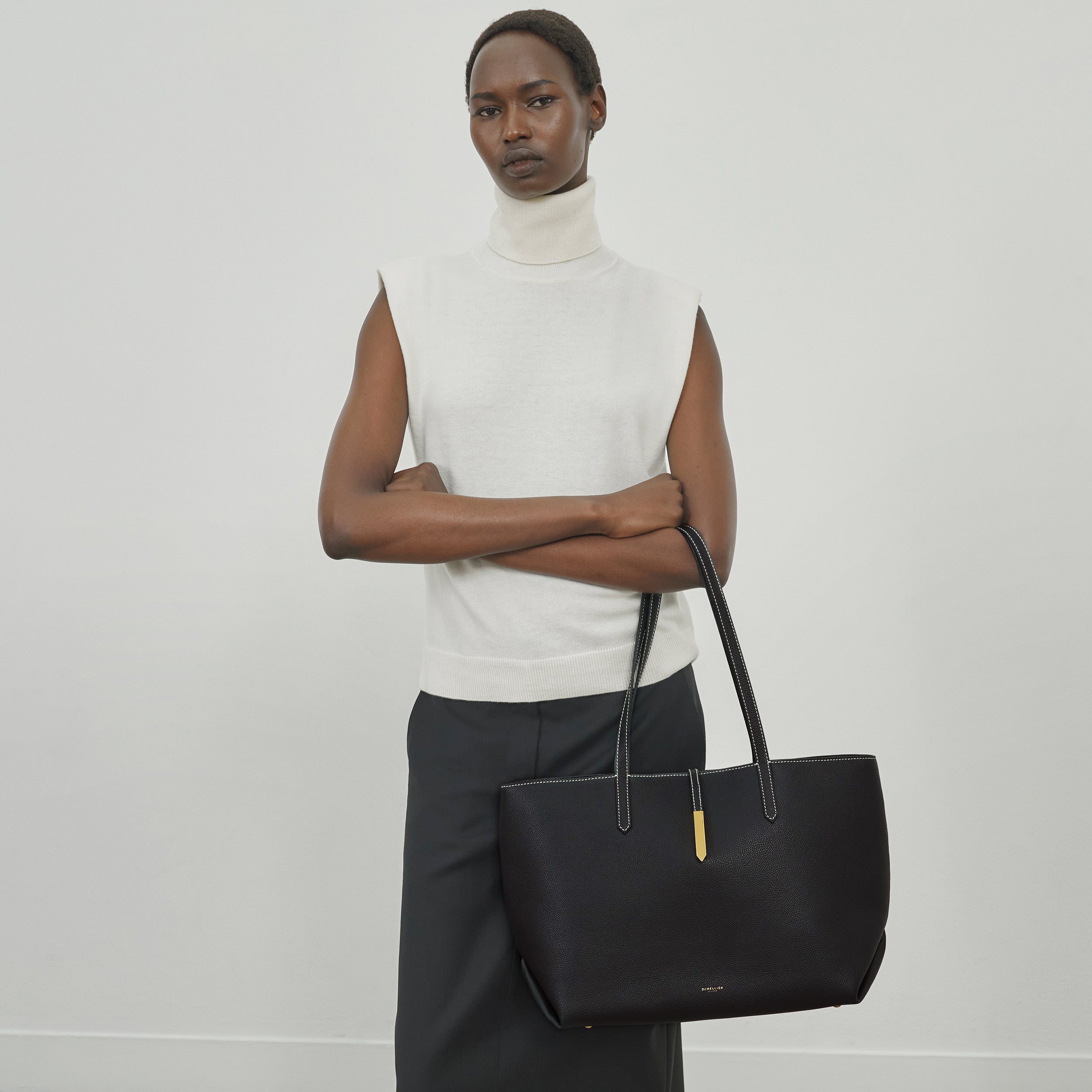 DeMellier The Tokyo Tote black small grain ecru stitching