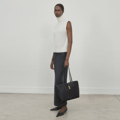 DeMellier The Tokyo Tote black small grain ecru stitching