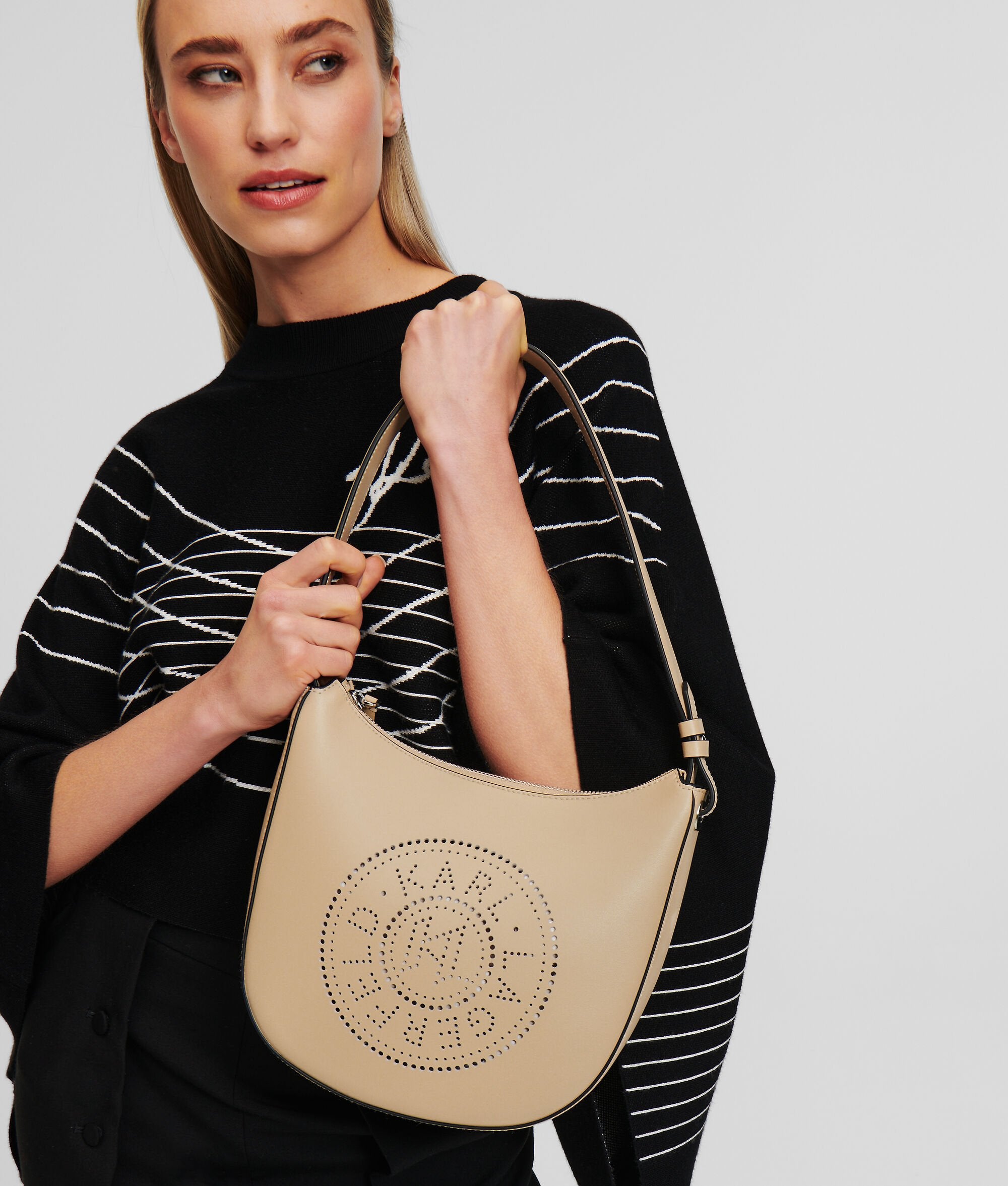 Karl Lagerfeld K/Circle Perforated Moon Shoulder Bag Sand