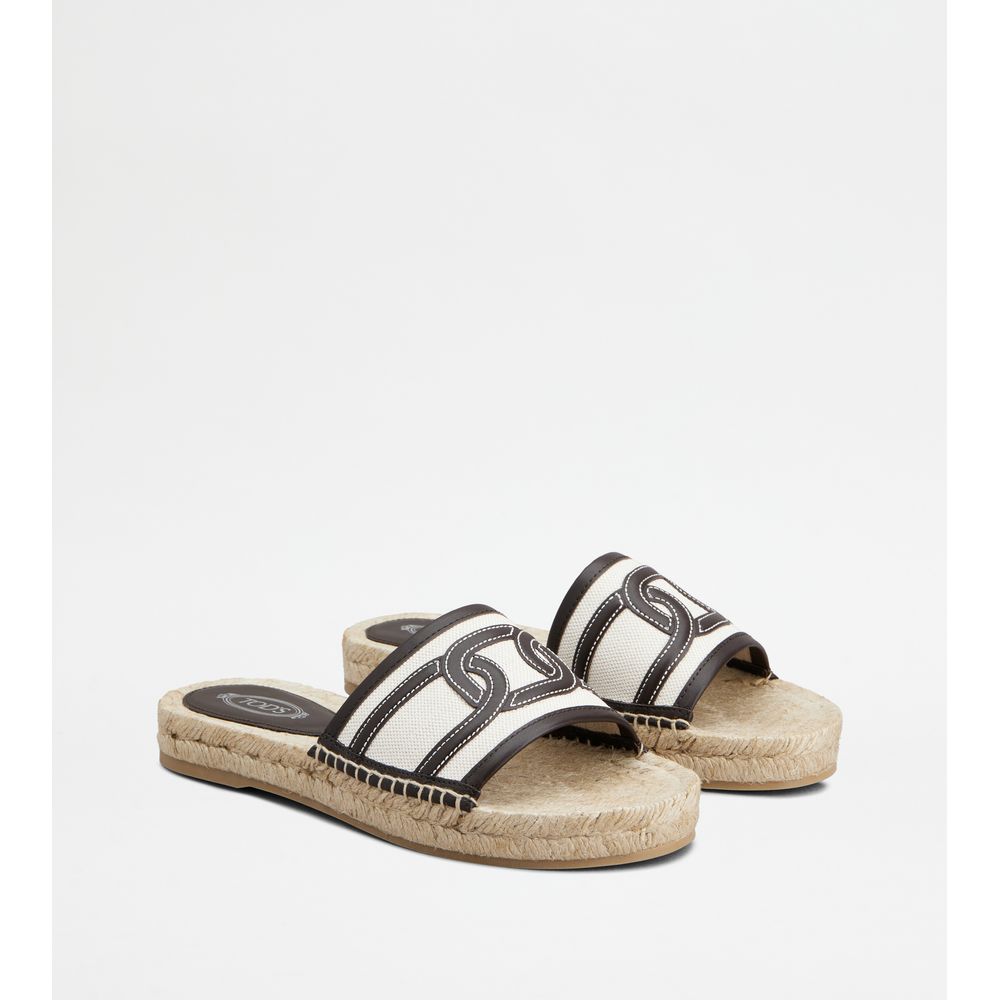 Tods Kate Sandals In Canvas And Leather White Brown Womens