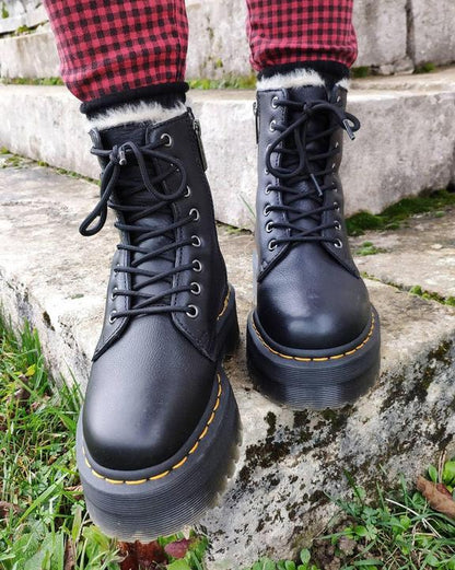 Dr. Martens Jadon Boot Leather Faux Fur Lined Platforms Black - Womens