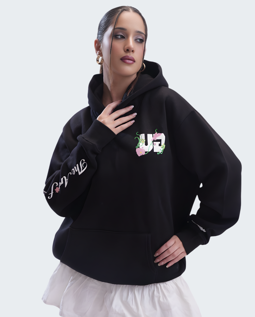 BLACK FLORAL CREST HOODIE