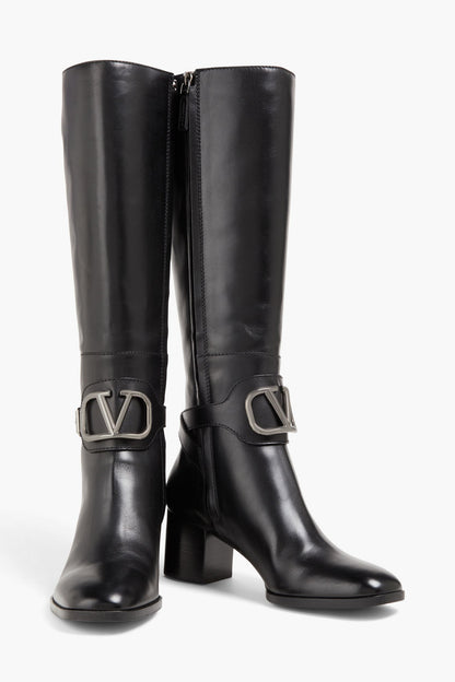Valentino Garavani Vlogo Leather Knee Boots Black Women's