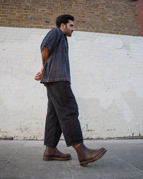 Dr. Martens 2976 Yellow Stitch Crazy Horse Leather Chelsea Boots Dark Brown - Womens