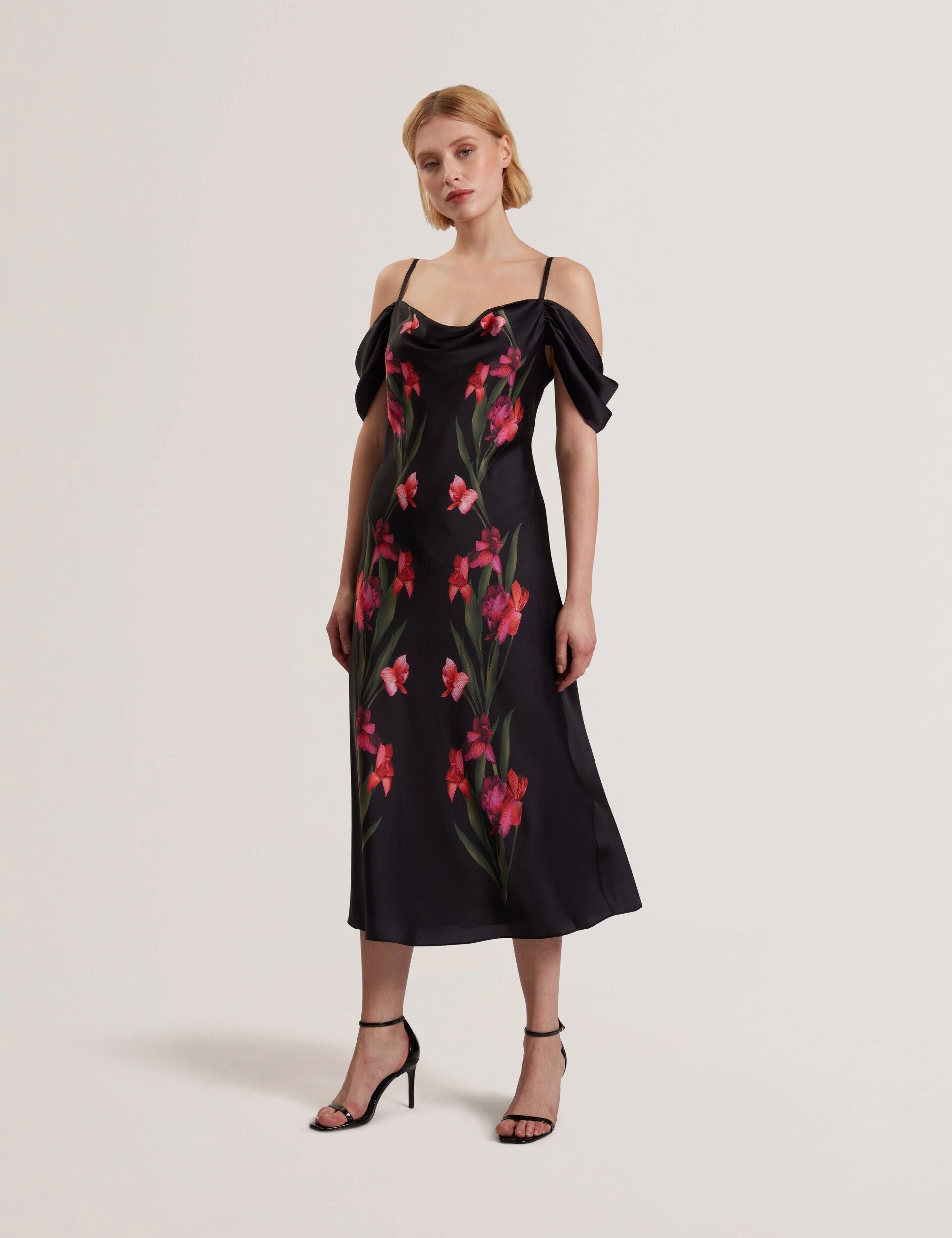 Ted Baker Lucern Floral Satin Off Shoulder Bias Midi Dress Women's