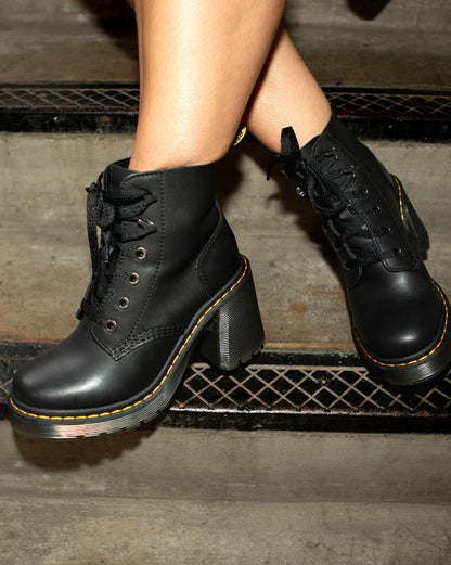 Dr Martens Jesy Sendal Leather Lace Up Flared Heel Boots - Black