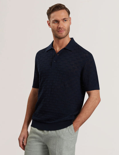 Ted Baker Waterby Navy Textured Knit Silk Cotton Polo Shirt