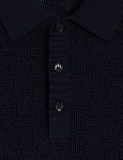 Ted Baker Waterby Navy Textured Knit Silk Cotton Polo Shirt