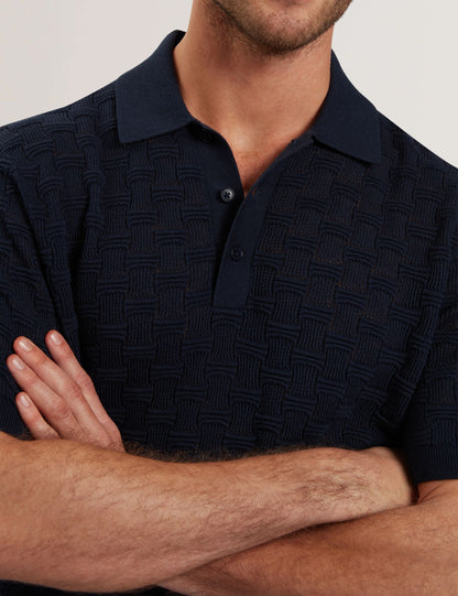 Ted Baker Waterby Navy Textured Knit Silk Cotton Polo Shirt