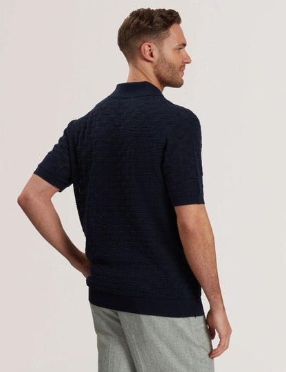 Ted Baker Waterby Navy Textured Knit Silk Cotton Polo Shirt