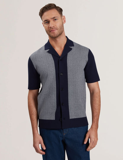 Ted Baker Padrig Navy Herringbone Knit Colour Block Shirt