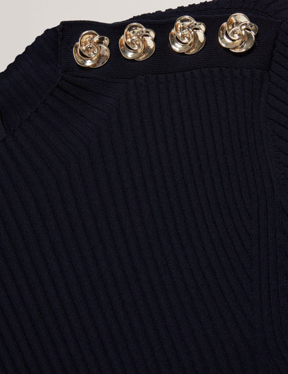 Ted Baker Lilano Ribbed Skater Dress With Rose Buttons In Navy Women's