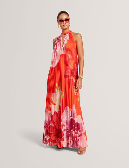 Ted Baker Materva Floral Halter Neck Pleated Chiffon Maxi Dress Women's