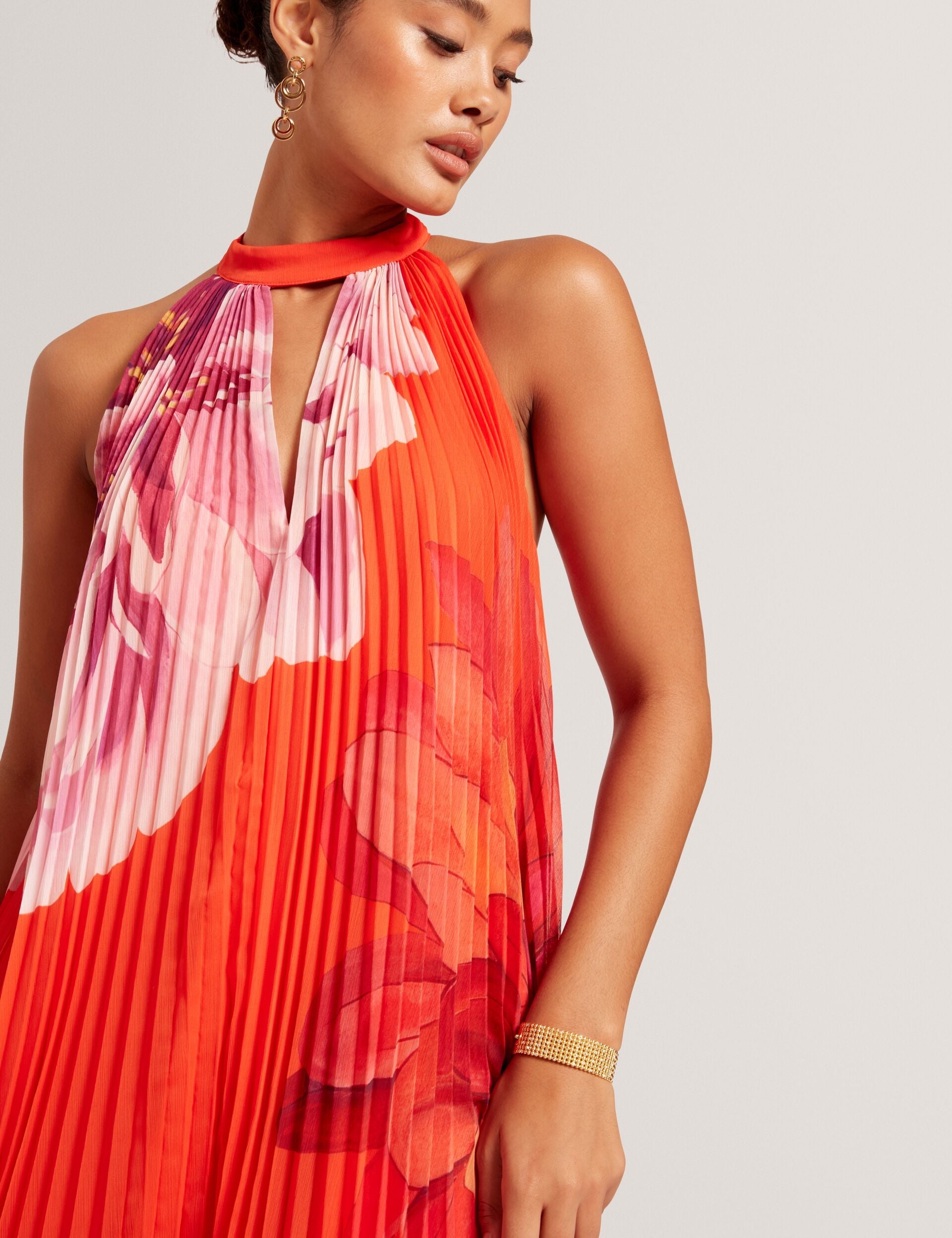 Ted Baker Materva Floral Halter Neck Pleated Chiffon Maxi Dress Women's