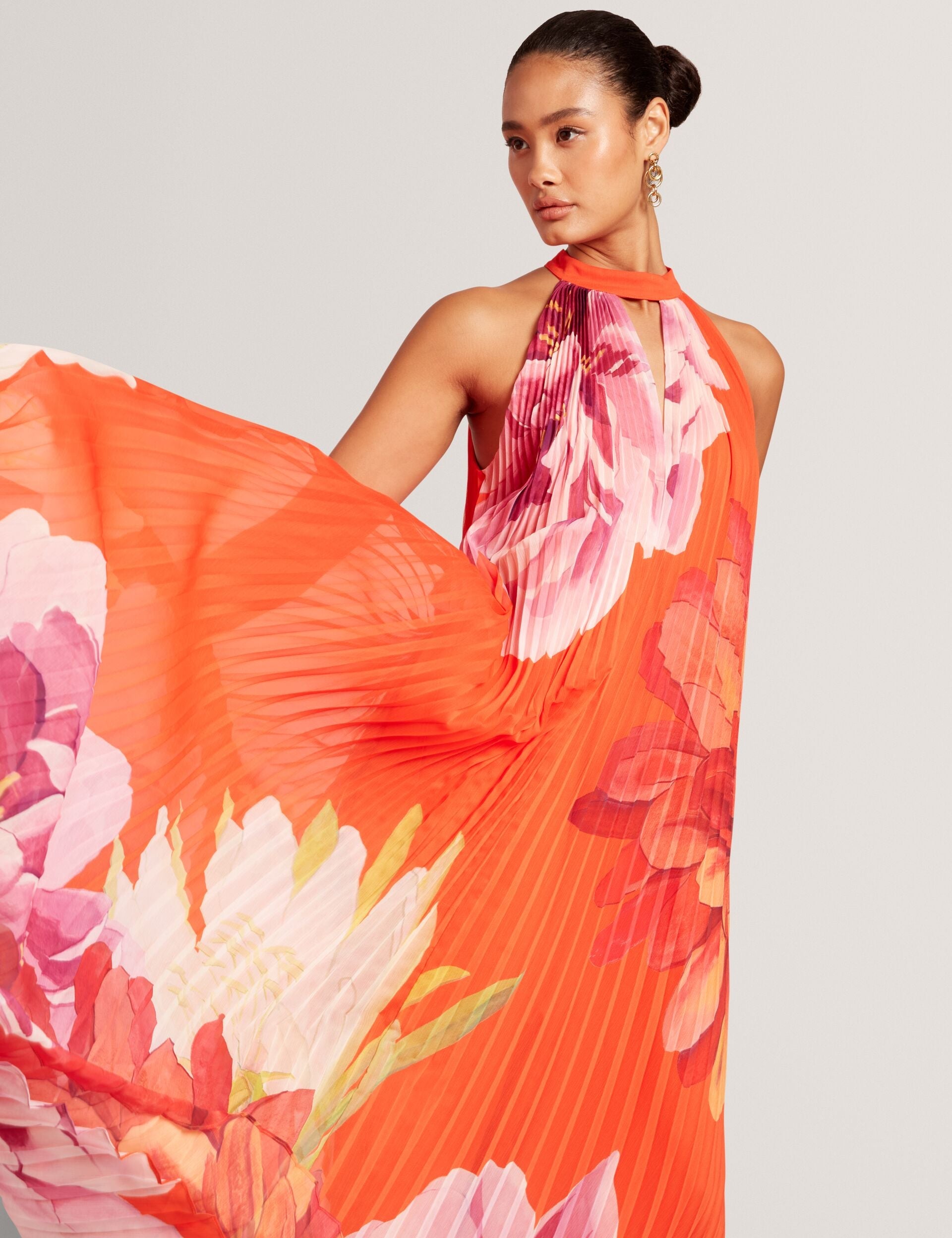Ted Baker Materva Floral Halter Neck Pleated Chiffon Maxi Dress Women's