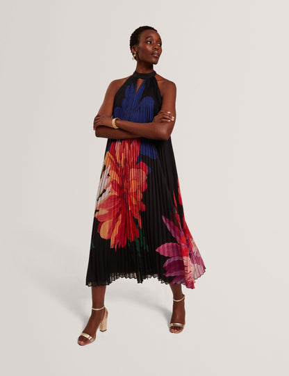 Ted Baker Scotlia Bold Bloom Pleated Halter Neck Midi Dress Women's