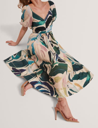 Ted Baker Moyla Printed Puff Sleeve Stitch Detail Midi Dress Women's